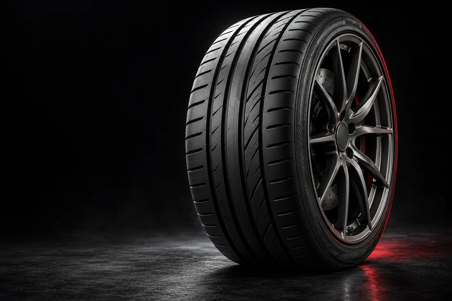 Performance tire and alloy wheel dramatically lit in a dark studio